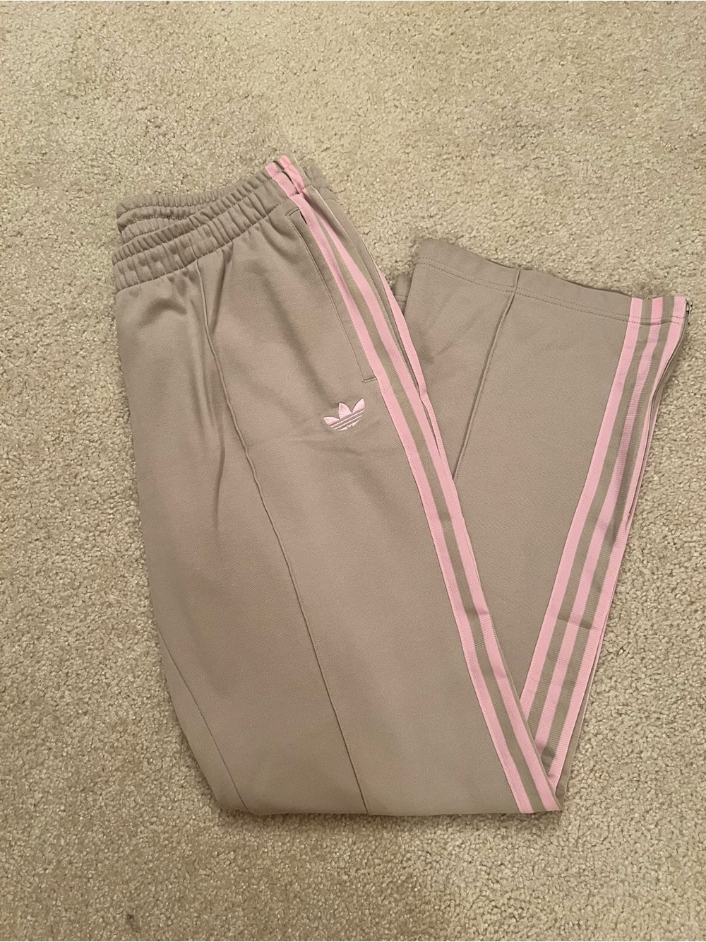 adidas Taupe Track Pants with Pink Side Stripes